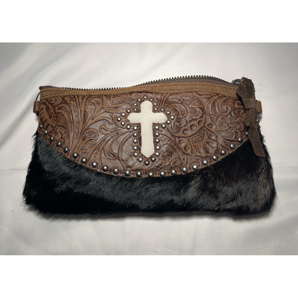 Genuine Leather ZIPPER TOP WALLET w/ black cowhide Women's purse bag